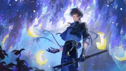 Rule 34 | 1boy, bandaged hand, bandages, black hair, blurry, blurry foreground, bolichar, closed mouth, cropped jacket, earrings, flower, from below, gloves, highres, holding, holding sword, holding weapon, jewelry, leaf, male rover (wuthering waves), rover (wuthering waves), short hair, sword, tree, weapon, wisteria, wuthering waves, yellow eyes