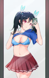 Rule 34 | 10s, 1girl, alternate breast size, bad id, bad pixiv id, black hair, blue bra, blue shirt, blush, bra, breasts, catnnn, cellphone, cleavage, clothes lift, commentary request, hair between eyes, hair ornament, highres, holding, holding phone, large breasts, lifted by self, love live!, love live! school idol project, medium breasts, medium hair, mirror, navel, open mouth, phone, poke ball, red eyes, red skirt, shirt, shirt lift, simple background, skirt, smartphone, smile, solo, standing, twintails, underwear, white background, yazawa nico