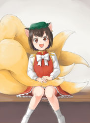 Rule 34 | 2girls, animal ear fluff, animal ears, blush, bow, bowtie, brown eyes, brown hair, cat ears, chen, commentary request, earrings, flat chest, fox tail, full body, green headwear, grimay, hat, jewelry, kitsune, kyuubi, long sleeves, looking at viewer, mob cap, multiple girls, multiple tails, open mouth, out of frame, red skirt, red vest, shirt, short hair, single earring, skirt, skirt set, smile, socks, solo focus, tail, touhou, vest, white bow, white bowtie, white shirt, white socks, yakumo ran