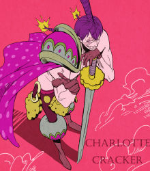 Rule 34 | 1boy, absurdres, boots, cape, character name, charlotte cracker, gloves, hair bun, highres, male focus, one piece, pink background, purple hair, scar, simple background, single hair bun, solo, sword, teeth, topless male, weapon