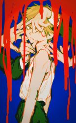 Rule 34 | 1boy, bare shoulders, blonde hair, blood, blood splatter, blue background, chainsaw man, child, denji (chainsaw man), disembodied hand, formal, highres, looking at viewer, pecopecosupipi, shirt, short hair, simple background, sleeveless, spiked hair, suit, white shirt, yellow eyes