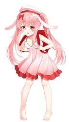 Rule 34 | 1girl, :d, animal ears, backpack, bag, bare arms, bare shoulders, barefoot, beret, blush, bow, commentary, dress, facial mark, frilled dress, frills, full body, ginka (gink a), hair bow, hat, heart, heart-shaped pupils, highres, long hair, looking at viewer, open mouth, original, pink hair, pleated dress, rabbit ears, randoseru, red bow, red eyes, sidelocks, simple background, sleeveless, sleeveless dress, smile, solo, standing, symbol-shaped pupils, twintails, very long hair, white background, white dress, white hat