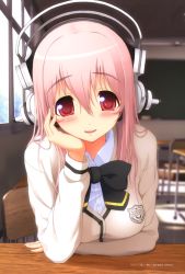 Rule 34 | 1girl, absurdres, blush, bow, breasts, head rest, headphones, highres, large breasts, long hair, looking at viewer, nitroplus, open mouth, pink hair, red eyes, school uniform, smile, solo, super sonico, tsuji santa