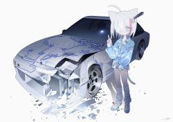 Rule 34 | 1girl, ahoge, animal ears, blue eyes, blue jacket, blue nails, breast pocket, car, car crash, cat ears, cat girl, cat tail, closed mouth, commentary request, damaged, expressionless, eyepatch, full body, hand up, highres, itasha, jacket, japanese clothes, kimono, knife in head, long sleeves, looking at viewer, loose socks, medical eyepatch, medium hair, motor vehicle, multicolored hair, nail polish, nissan, nissan 180sx, object through head, one eye covered, original, outo eguchi, panties, partial commentary, pocket, scar, scar on leg, see-through kimono, shoes, short kimono, side-tie panties, simple background, sleeves past wrists, socks, solo, sports car, standing, streaked hair, tail, underwear, uwabaki, v, vehicle focus, white background, white footwear, white hair, white socks