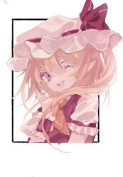 Rule 34 | 1girl, ascot, bat wings, blonde hair, crystal, flandre scarlet, hat, hat ribbon, highres, mob cap, multicolored wings, one eye closed, one side up, open mouth, puffy short sleeves, puffy sleeves, red eyes, red vest, ribbon, ringo no usagi (artist), short sleeves, side ponytail, skirt, skirt set, solo, touhou, vest, white hat, wings, yellow ascot