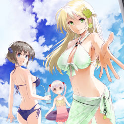 Rule 34 | 3girls, :d, back, bad id, bad pixiv id, bikini, blonde hair, blue bikini, blue eyes, blue sky, blueberry hair ornament, blush, braid, breasts, brown eyes, cherry hair ornament, child, cleavage, closed mouth, cloud, cloudy sky, commentary, crown braid, cup, day, drinking straw, earrings, floral print, food-themed hair ornament, foreshortening, frilled bikini, frills, front-tie bikini top, front-tie top, grape hair ornament, green bikini, green eyes, green sarong, grey hair, hair bobbles, hair ornament, highres, holding, holding cup, holding swim ring, innertube, jewelry, large breasts, leaning forward, leaning to the side, light blush, light frown, light purple hair, looking at viewer, looking back, medium breasts, multi-strapped bikini, multiple girls, muscat, navel, open mouth, original, outdoors, parted lips, personification, pov, print bikini, reaching, reaching towards viewer, sarong, sky, smile, summer, swim ring, swimsuit, transparent, twintails, yellow bikini, yurikuta tsukumi