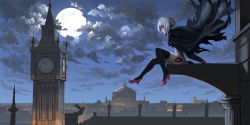 Rule 34 | 1girl, absurdres, architecture, bandages, black coat, black panties, black thighhighs, boots, building, cityscape, clock, clock tower, cloud, cloudy sky, coat, fate/apocrypha, fate (series), from side, full body, full moon, highres, jack the ripper (fate/apocrypha), looking down, moon, night, night sky, orange eyes, panties, pink footwear, scar, scenery, sheath, sheathed, shoes, short hair, silver hair, sitting, sky, solo, thigh boots, thighhighs, torn clothes, torn coat, tower, underwear, weapon, wide shot, zen (weishanzhe)