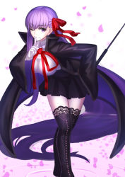 Rule 34 | &gt;;), 10s, 1girl, absurdly long hair, bb (fate), bb (fate/extra), black jacket, black skirt, black thighhighs, breasts, closed mouth, fate/extra, fate/extra ccc, fate (series), gloves, hair ribbon, holding, holding wand, index finger raised, jacket, kotera ryou, lace, lace-trimmed legwear, lace trim, large breasts, leaning forward, long hair, long sleeves, miniskirt, neck ribbon, open clothes, open jacket, purple eyes, purple hair, red ribbon, ribbon, skirt, solo, thighhighs, v-shaped eyebrows, very long hair, wand, white gloves, wide sleeves