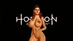 Rule 34 | 1girl, 3d, abs, aloy (horizon), belly, braid, braided ponytail, breasts, brown eyes, brown hair, closed mouth, eyebrows, eyelashes, eyeshadow, female focus, fingernails, freckles, game, horizon (video game), horizon zero dawn, huge breasts, large areolae, legs, lips, makeup, navel, nose, nude, pubic stubble, pussy, self-upload, simple background, solo, uncensored, upper body, video game, xnalara, xps