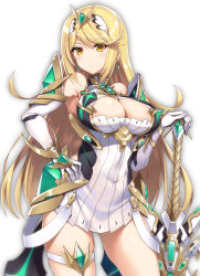Rule 34 | 1girl, armor, armpits, blonde hair, blush, breasts, cleavage, cleavage cutout, clothing cutout, contrapposto, covered navel, cowboy shot, dress, earrings, elbow gloves, gloves, hairband, hand on own hip, highres, jewelry, large breasts, long hair, looking at viewer, mythra (xenoblade), nintendo, raiou, short dress, simple background, skindentation, solo, standing, sword, thigh strap, tiara, weapon, white background, white dress, white gloves, xenoblade chronicles (series), xenoblade chronicles 2, yellow eyes
