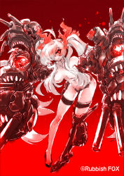 Rule 34 | 10s, 1girl, absurdres, abyssal ship, breasts, cleavage, colored skin, hair censor, hair over breasts, hair over one eye, highres, kantai collection, long hair, looking at viewer, medium breasts, nude, open mouth, red background, red eyes, simple background, smile, solo, southern ocean war princess, teeth, turret, twintails, very long hair, white hair, white skin, wisespeak