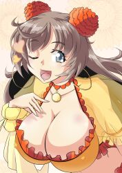 Rule 34 | 1girl, blue eyes, breasts, brown hair, cleavage, earrings, fate/grand order, fate (series), jewelry, large breasts, long hair, mata hari (fate), midriff, revealing clothes