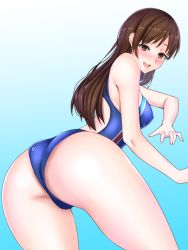 Rule 34 | 10s, 1girl, absurdres, ass, blush, breasts, brown eyes, brown hair, competition swimsuit, highres, idolmaster, idolmaster cinderella girls, idolmaster cinderella girls starlight stage, long hair, looking at viewer, nitta minami, one-piece swimsuit, open mouth, smile, solo, swimsuit, taisai