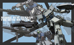 3d aiming beam_rifle cannon commentary_request earth_federation energy_gun g-db ground_gm ground_gundam gun gundam gundam_08th_ms_team gundam_ez8 highres machine_gun machinery mecha mecha_focus mobile_suit no_humans realistic robot roundel science_fiction shield title v-fin weapon