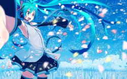 Rule 34 | 1girl, :d, aqua eyes, aqua hair, armpits, bare shoulders, blue theme, blurry, cherry blossoms, city, cityscape, cowboy shot, day, depth of field, detached sleeves, foreshortening, hatsune miku, headphones, headset, hipoguri, kasuga ayumu (artist), kasuga ayumu (haruhipo), long hair, necktie, open mouth, outstretched arms, petals, skirt, sky, smile, solo, spread arms, thighhighs, twintails, very long hair, vocaloid, wallpaper, wide-eyed, zettai ryouiki