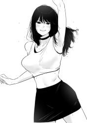 Rule 34 | 1girl, absurdres, armpits, bare shoulders, blush, breasts, choker, greyscale, grin, highres, long hair, looking at viewer, midriff, monochrome, original, simple background, skirt, smile, solo, sweat, tank top, tantanmen72, white background