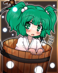 Rule 34 | 1girl, blush, bucket, eruru (erl), female focus, framed, green eyes, green hair, hair bobbles, hair ornament, hat, highres, in bucket, in container, japanese clothes, kimono, kisume, long sleeves, looking at viewer, matching hair/eyes, open mouth, outside border, solo, touhou, twintails, yukata