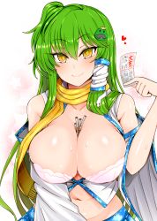 Rule 34 | 1girl, bare shoulders, belly, between breasts, blue skirt, bouncing breasts, bra, breasts, cleavage, collarbone, commentary request, detached sleeves, frog hair ornament, green hair, hair between eyes, hair ornament, hair tubes, hand up, heart, highres, holding, kochiya sanae, large breasts, long hair, long sleeves, looking at viewer, motion lines, navel, one side up, open clothes, open shirt, pink background, pointing, pointing at self, roki (hirokix), scarf, shiny skin, shirt, sidelocks, skindentation, skirt, sleeveless, sleeveless shirt, smile, snake hair ornament, solo, star (symbol), starry background, sweat, touhou, translation request, underwear, upper body, very long hair, white background, white bra, white shirt, wide sleeves, yellow eyes, yellow scarf