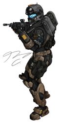 Rule 34 | 1boy, absurdres, aiming, armor, battle rifle, bullet, bullpup, commentary, commission, english commentary, gloves, gun, halo: reach, halo (series), highres, holding, holding gun, holding weapon, m392 marksman, pickledgear, power armor, rifle, science fiction, scope, signature, solo, spartan (halo), transparent background, visor, weapon, white background