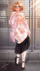 Rule 34 | 1girl, artist name, blush, breasts, brown eyes, brown hair, cardigan, cleft of venus, clothes lift, floral print, full body, high heels, highres, large breasts, long sleeves, matching hair/eyes, nenerhea, nipples, okumura haru, outdoors, pantyhose, persona, persona 5, plaid, plaid skirt, pussy, pussy juice, shirt lift, short hair, skirt, solo, standing, torn clothes, torn pantyhose, uncensored, unzipped