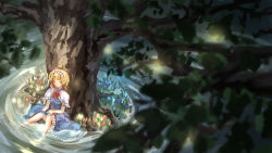 Rule 34 | 1girl, alice margatroid, bare legs, barefoot, blonde hair, blue dress, c.z., capelet, dress, closed eyes, fireflies, flower, hairband, highres, lolita hairband, partially submerged, sitting, sleeping, soaking feet, solo, touhou, tree, water