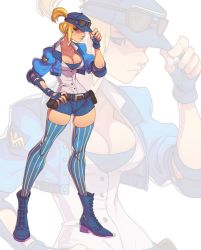 Rule 34 | blonde hair, blue eyes, boots, breasts, capcom, cleavage, edwin huang, eyewear on head, final fight, final fight 3, fingerless gloves, gloves, hat, large breasts, lucia morgan, police, police uniform, policewoman, ponytail, shorts, skindentation, street fighter, street fighter v, striped legwear, sunglasses, sunglasses on head, thick thighs, thighhighs, thighs, uniform