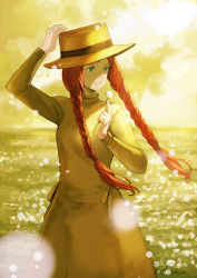 Rule 34 | 1girl, anne of green gables, anne shirley, arm up, braid, day, dress, flower, freckles, green dress, green eyes, hat, holding, holding flower, long sleeves, muraicchi (momocchi), outdoors, smile, standing, twintails, yellow headwear