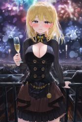 Rule 34 | 1girl, aerial fireworks, alcohol, black dress, blonde hair, blue eyes, blush, bow, breasts, champagne, champagne flute, cityscape, cleavage, cleavage cutout, clothing cutout, cup, dress, drinking glass, fireworks, highres, large breasts, long sleeves, medium hair, mountainous horizon, night, night sky, outdoors, railing, sky, sonchi, standing, yellow bow