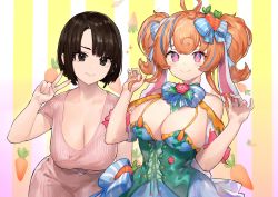Rule 34 | 2girls, :3, absurdres, ahoge, bare shoulders, blue bow, blue skirt, blush, bob cut, bow, breasts, brown eyes, brown hair, bunny ayumi, bunny ayumi (vtuber), carrot hair ornament, cleavage, closed mouth, commentary, dress, english commentary, food-themed hair ornament, hair bow, hair ornament, hand up, hands up, heart, heart-shaped pupils, highres, indie virtual youtuber, large breasts, looking at viewer, medium hair, multicolored hair, multiple girls, neonbeat, orange hair, pink dress, pink eyes, real life, short sleeves, skirt, smile, streaked hair, striped background, striped clothes, striped dress, symbol-shaped pupils, twintails, underbust, v, virtual youtuber