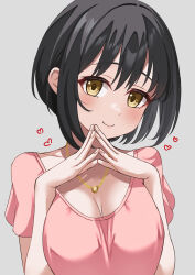 Rule 34 | 1girl, absurdres, black hair, blush, breasts, cleavage, collarbone, heart, highres, idolmaster, idolmaster cinderella girls, kamoromance614, large breasts, looking at viewer, own hands together, pink shirt, shirt, simple background, smile, solo, takafuji kako, upper body, yellow eyes
