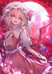 Rule 34 | 1girl, 33 gaff, alternate eye color, animal, ascot, back bow, bat (animal), bat wings, belt, blonde hair, blood, blood on face, blouse, bow, breasts, cloud, cloudy sky, collared shirt, commentary request, crystal, dress, eyes visible through hair, fang, fangs, flandre scarlet, flying, frills, full moon, gradient legwear, grey belt, grey bow, grey hat, grey shirt, hair between eyes, hand up, hat, hat ribbon, head tilt, jewelry, laevatein (touhou), looking at viewer, medium breasts, mob cap, moon, moonlight, multicolored wings, night, night sky, one side up, open mouth, pink eyes, pink ribbon, polearm, puffy short sleeves, puffy sleeves, red background, red dress, red sky, red theme, ribbon, shirt, short hair, short sleeves, sky, smile, solo, spear, standing, touhou, weapon, white hat, wings, wrist cuffs, yellow ascot