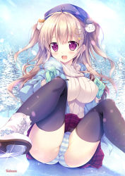 Rule 34 | 1girl, :d, ahoge, black thighhighs, blue jacket, blush, breasts, breasts apart, cameltoe, cat hair ornament, covered erect nipples, day, diffraction spikes, fang, floating hair, gloves, green gloves, grey sweater, hair between eyes, hair ornament, hat, highres, jacket, large breasts, light brown hair, looking at viewer, mikeou, miniskirt, open clothes, open jacket, open mouth, original, outdoors, panties, pleated skirt, purple eyes, purple hat, red skirt, sitting, skirt, smile, snow, snowflake print, snowing, solo, sparkle, striped clothes, striped panties, sweater, thighhighs, twintails, underwear, white footwear