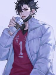 Rule 34 | 1boy, brown eyes, cup, down jacket, haikyuu!!, holding, holding cup, jacket, korean commentary, kuroo tetsurou, looking at viewer, male focus, mask, mouth mask, open mouth, red shirt, shirt, solo, sportswear, starbucks, volleyball uniform, white background, white jacket, zero q 0q