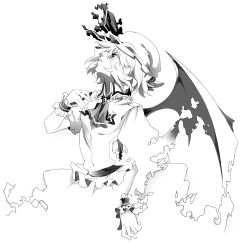 Rule 34 | 1girl, arched back, ascot, bat wings, breasts, brooch, dissolving, female focus, frilled shirt collar, frills, greyscale, hat, hat ribbon, highres, jewelry, jpeg artifacts, looking up, mob cap, monochrome, remilia scarlet, ribbon, serious, shirt, short hair, skirt, small breasts, solo, torn wings, touhou, tsukimoto aoi, wings, wrist cuffs