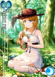 Rule 34 | 10s, 1girl, alternate hairstyle, ayase eli, bird, blonde hair, blue eyes, blush, bracelet, bug, butterfly, card (medium), character name, clover, collarbone, crescent, crescent moon, dappled sunlight, day, dress, flower, forest, frilled dress, frills, hair ornament, hairclip, hat, heart, holding, holding flower, holding wreath, insect, jewelry, jpeg artifacts, light rays, long hair, looking down, love live!, love live! school idol festival, love live! school idol project, moon, nature, official art, sandals, see-through, sitting, sleeveless, sleeveless dress, smile, solo, squirrel, star (symbol), straw hat, sun hat, sunbeam, sundress, sunlight, swept bangs, tree, tree stump, wariza, white dress
