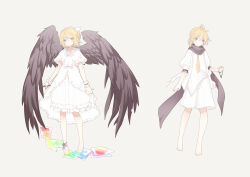 Rule 34 | 1boy, 1girl, absurdres, ankle ribbon, barefoot, black wings, blonde hair, bow, brother and sister, closed mouth, frown, full body, grey background, highres, holding, holding jewelry, holding necklace, jewelry, kagamine len, kagamine rin, leg ribbon, necklace, necktie, paper, ribbon, shirt, short ponytail, short sleeves, shorts, siblings, skirt, smile, twins, varinr, vocaloid, white bow, white ribbon, white shirt, white shorts, white skirt, wings, wrist cuffs, yellow necktie
