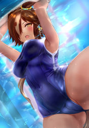 Rule 34 | 1girl, animal ears, armpits, arms up, bad id, bad pixiv id, blue one-piece swimsuit, blush, breasts, brown hair, cameltoe, cleft of venus, commentary request, competition school swimsuit, covered navel, from below, gluteal fold, hair over one eye, highres, horse ears, horse girl, horse tail, kokoa ninniku, looking at viewer, looking down, medium breasts, multicolored hair, one-piece swimsuit, revision, school swimsuit, short hair, solo, spread legs, streaked hair, swimsuit, tail, thighs, two side up, umamusume, vodka (umamusume), water, white hair, yellow eyes