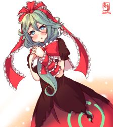 Rule 34 | arm ribbon, artist logo, bow, breasts, collared dress, cosplay, cowboy shot, dated, dress, feet out of frame, frilled ribbon, frills, front ponytail, gradient background, green eyes, green hair, hair between eyes, hair bow, hair ornament, hair ribbon, highres, kagiyama hina, kanon (kurogane knights), kantai collection, long hair, looking at viewer, medium breasts, open mouth, own hands clasped, own hands together, ponytail, red background, red dress, revision, ribbon, short sleeves, signature, solo, touhou, white background, yamakaze (kancolle)