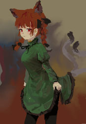 Rule 34 | 1girl, animal ears, blush, bow, braid, breasts, cat ears, clothes lift, dress, dress lift, expressionless, fire, green dress, hair bow, highres, kaenbyou rin, large breasts, lifting own clothes, long sleeves, looking at viewer, multiple tails, nekomata, pantyhose, red eyes, red hair, reddizen, simple background, solo, tail, touhou, twin braids, two tails