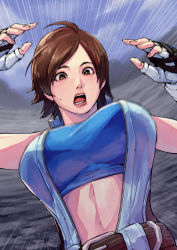 Rule 34 | 1girl, :o, absurdres, arms up, bare shoulders, belt, blue sky, blue tube top, blush, breasts, brown eyes, brown hair, cirenk, cloud, cloudy sky, falling, falling back, fingerless gloves, gloves, hands up, highres, jacket, kazama asuka, large breasts, lips, looking at viewer, open mouth, outdoors, short hair, sky, sleeveless, sleeveless jacket, solo, strapless, surprised, sweatdrop, tekken, tomboy, tube top, white gloves, white jacket