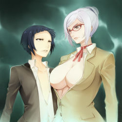 Rule 34 | 10s, 2girls, angry, bettou risa, black hair, breasts, brown eyes, cleavage, flat chest, glasses, highres, large breasts, lips, miyo (13th floor), multiple girls, open clothes, open shirt, prison school, red-framed eyewear, shiraki meiko, shirt, short hair, silver hair
