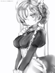 Rule 34 | 1girl, apron, azur lane, bad id, bad twitter id, breasts, closed mouth, dress, covered erect nipples, greyscale, highres, jitome, juliet sleeves, long sleeves, looking at viewer, maid, maid apron, medium breasts, monochrome, nanashi (nlo), puffy sleeves, sheffield (azur lane), short hair, simple background, solo, v arms, white background