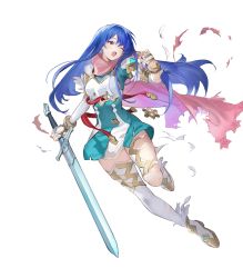Rule 34 | 1girl, ankle boots, armor, belt, blue eyes, blue hair, boots, breastplate, caeda (fire emblem), cape, closed mouth, dress, elbow gloves, feather trim, female focus, fire emblem, fire emblem: mystery of the emblem, fire emblem heroes, full body, gloves, highres, holding, holding sword, holding weapon, long hair, looking at viewer, matching hair/eyes, multiple belts, nintendo, official art, one eye closed, open mouth, pink cape, short dress, shoulder armor, solo, sword, thighhighs, thighs, torn cape, torn clothes, torn thighhighs, transparent background, weapon, white thighhighs, zettai ryouiki