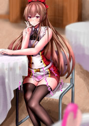 Rule 34 | 1girl, ascot, azur lane, bad id, bad pixiv id, bare shoulders, black ascot, blush, bow, breasts, brown hair, chair, chin gero, closed mouth, commentary request, controller, dress, hair between eyes, highres, jacket, large breasts, long hair, looking at viewer, multicolored clothes, multicolored dress, red bow, red eyes, red jacket, remote control, remote control vibrator, sex toy, shirt, sitting, sleeveless, sleeveless dress, sleeveless shirt, smile, sweatdrop, swiftsure (azur lane), table, thighhighs, thighs, vibrator, wireless sex toy controller