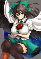 Rule 34 | &gt;:(, 1girl, abe ranzu, alternate hairstyle, arm cannon, bird wings, black hair, black thighhighs, black wings, breast hold, breasts, cape, dress shirt, fang, feathered wings, frilled shirt collar, frilled skirt, frills, frown, green skirt, hair between eyes, highres, large breasts, long hair, looking at viewer, miniskirt, parted lips, ponytail, red eyes, reiuji utsuho, serious, shirt, skirt, solo, thick thighs, thighhighs, thighs, third eye, touhou, v-shaped eyebrows, weapon, white shirt, wings, zettai ryouiki