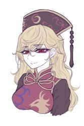 Rule 34 | 1girl, blonde hair, breasts, chinese clothes, closed mouth, hair between eyes, junko (touhou), large breasts, light smile, long hair, miata (miata8674), phoenix crown, pom pom (clothes), red eyes, simple background, solo, tabard, touhou, upper body, white background