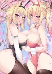 Rule 34 | + +, 2girls, animal ears, asymmetrical docking, black leotard, blonde hair, blue eyes, blush, breast press, breasts, cherry blossoms, cleavage, cowboy shot, detached collar, elbow gloves, fake animal ears, from side, gloves, heart, heart-shaped pupils, highres, ineedu041 tako, large breasts, leaning forward, leotard, looking at viewer, multiple girls, original, outdoors, playboy bunny, pointy ears, rabbit ears, sky, symbol-shaped pupils, thighhighs, tongue, tongue out, wrist cuffs