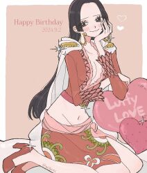 Rule 34 | 1girl, black hair, blush, boa hancock, closed mouth, commentary request, crop top, dated, earrings, epaulettes, happy birthday, heart, high heels, jewelry, long hair, long sleeves, looking to the side, millpi01, one piece, pink sash, red shirt, sash, shirt, skirt, smile, snake earrings, solo, sparkle, twitter username