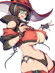 Rule 34 | 1girl, black gloves, black hair, boots, breasts, cleavage, fingerless gloves, full body, fumio (rsqkr), gloves, green hair, guilty gear, guilty gear strive, hat, highres, i-no, large breasts, looking at viewer, medium hair, mole, mole above mouth, multicolored hair, plectrum, red footwear, red headwear, red leather, red lips, revealing clothes, simple background, smile, standing, streaked hair, thigh boots, thong, tinted eyewear, underboob, white background, witch hat