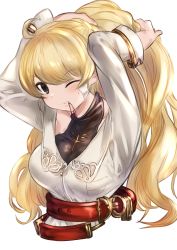 Rule 34 | 1girl, absurdres, ahoge, alternate costume, alternate hairstyle, arms behind head, arms up, bandaid, bandaid on face, belt, blonde hair, blush, breasts, brown eyes, collarbone, commentary request, cygames, granblue fantasy, highres, long hair, long sleeves, looking at viewer, maou (maoudaisukiya), monika weisswind, mouth hold, one eye closed, simple background, solo, upper body, white background